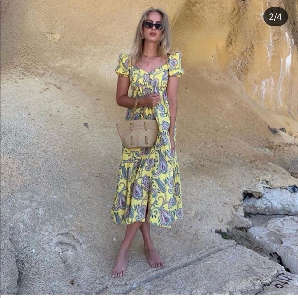 Zara Yellow Paisley Puff Sleeve Midi Dress | Size M | Has Pockets!! - Picture 9 of 12